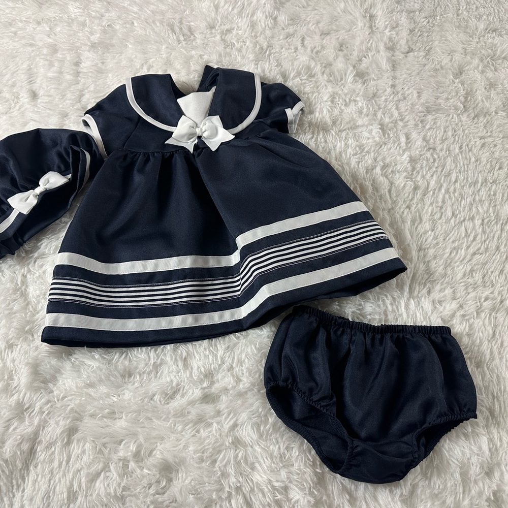 New rare editions Navy and White Baby Dress Set 18M - Picture 3 of 6